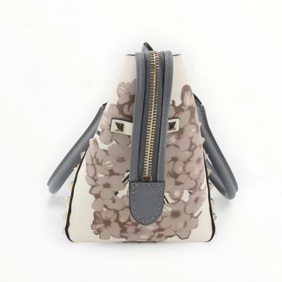 Valentino Garavani Floral Rockstud Crossbody 2way Tote Bag Gray Cream Leather - Picture 3 of 10